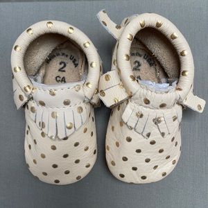 Freshly Picked moccasins: cream with gold dots